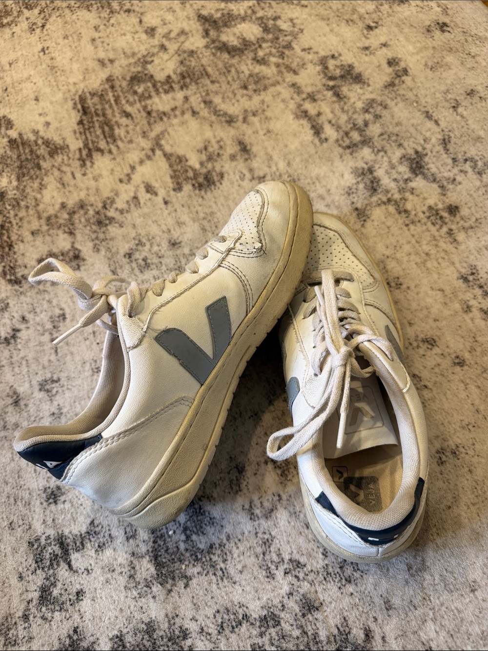 Veja Women's White Leather Sneakers with Gray V Logo